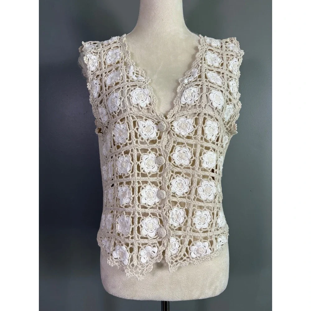 Vintage 90s Crochet Floral Vest Women S Neutral Boho Cottagecore Country Prairie